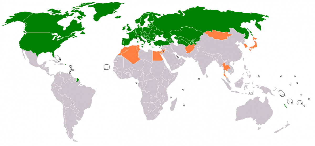 خارطة الدول الأعضاء بمنظمة الأمن والتعاون الاقتصادي باللون الأخضر والمشاركين باللون البرتقالي