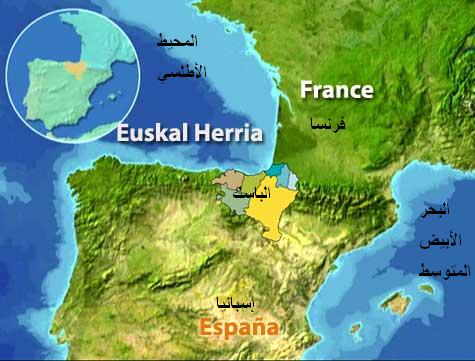 خارطة إقليم الباسك بين إسبانيا وفرنسا
